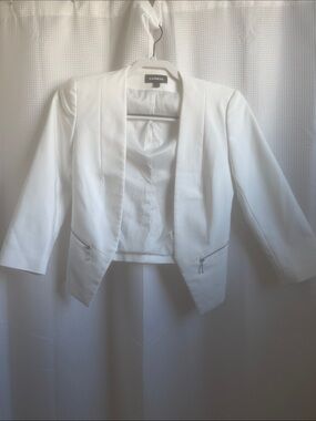 Express White Open-Front Cropped Blazer with Zip Accents
